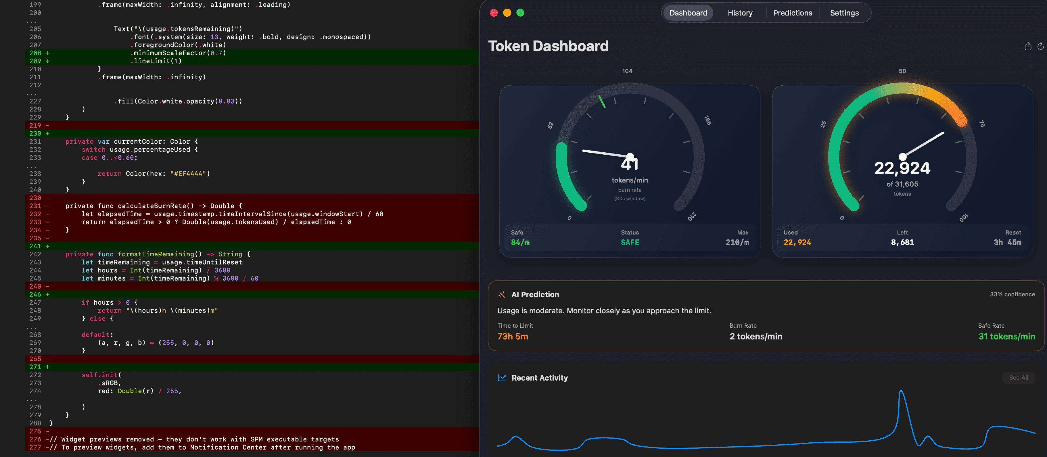 ClaudeGauge dashboard showing dual tachometer gauges, usage history, and AI predictions
