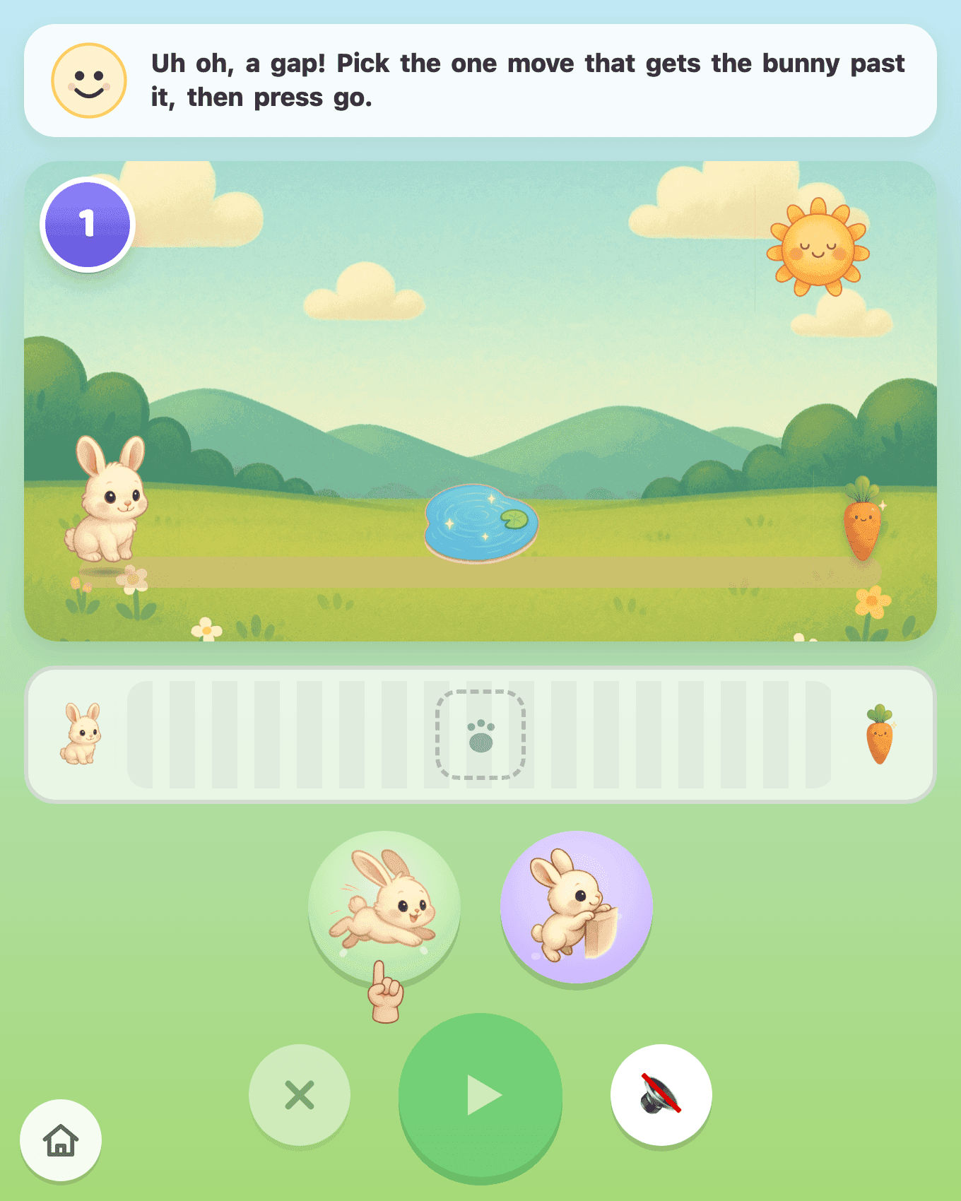 Make It Go — a bunny meadow level: a partner speech bubble, a path with a water gap, a carrot goal, and a tray of picture-tokens