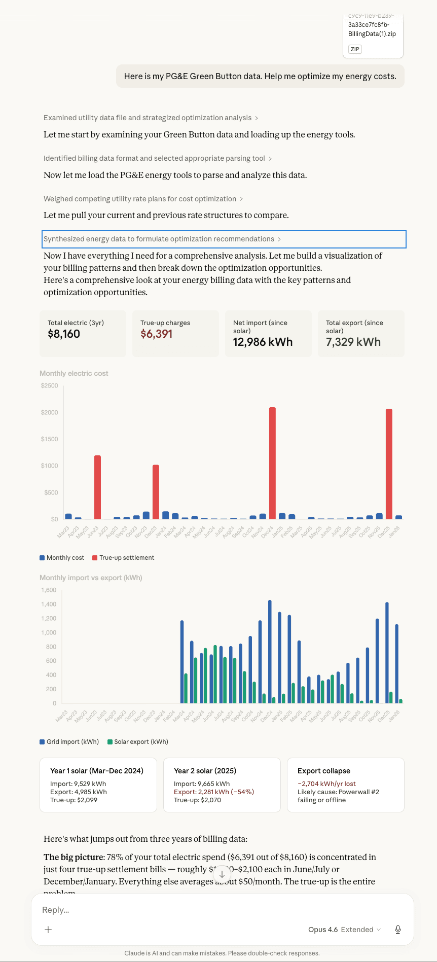 PG&E billing analysis in Claude — rate comparison, usage breakdown, and optimization recommendations