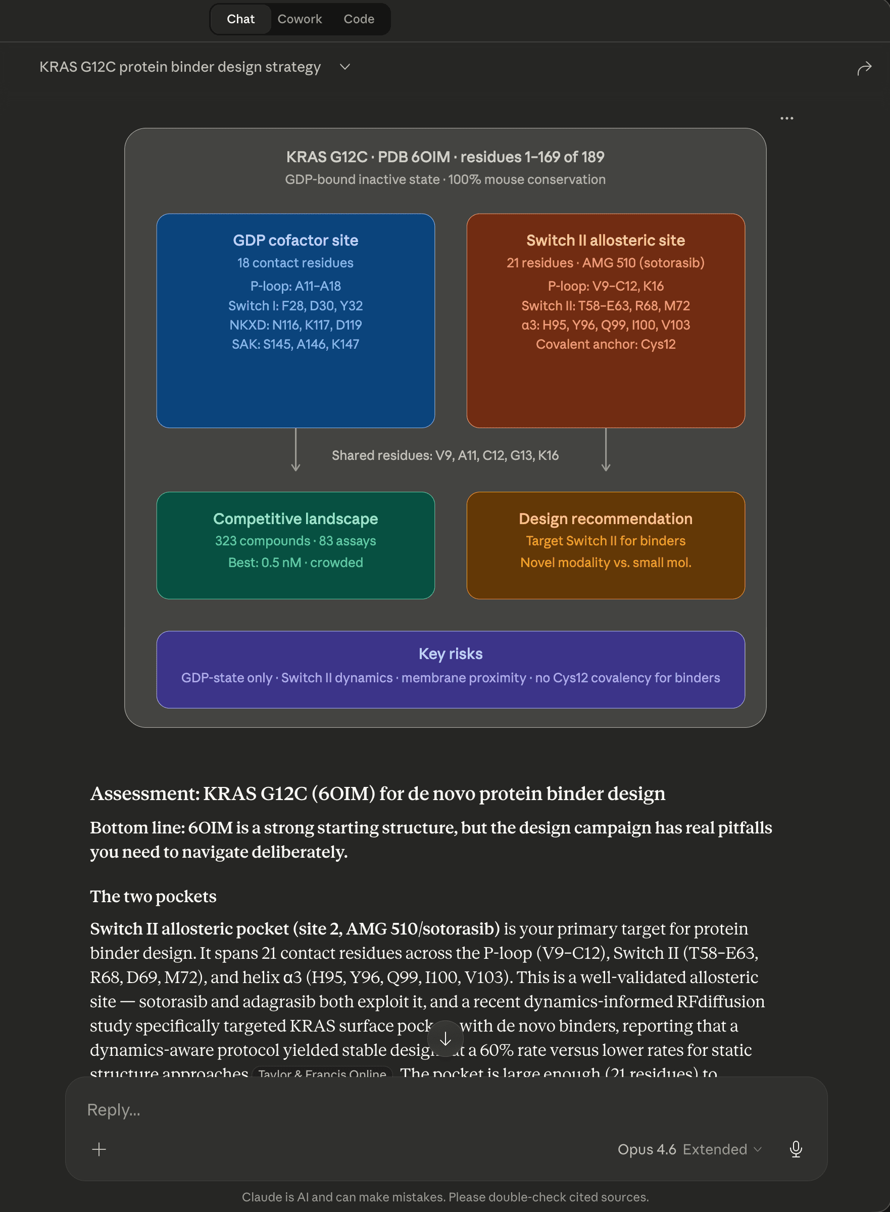 PocketScout running in Claude — KRAS G12C binding site assessment